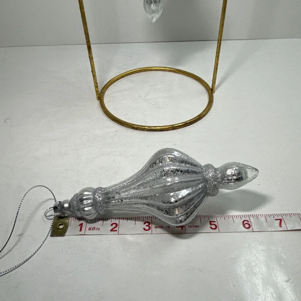 Set (2)‎ Silver and glittered mercury glass blown finial shaped ornaments 6 in